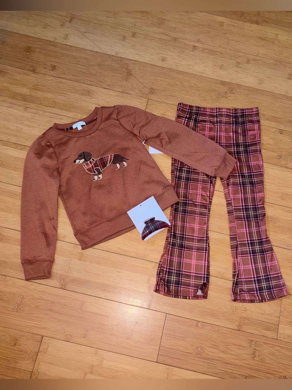NWT Girl’s Size 5 Plaid Dog Outfit - Crewneck Top & Flare Pants Set Dachshund